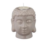 Relaxdays Portavelas Buda, Soporte Velas de Té Cerámica, Portacandelitas Decorativo, Salón, Decoración Feng Shui, Gris