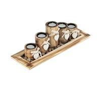 Relaxdays Portavelas con Bandeja y Piedras Decorativas, 39,5 cm Largo, 5 Candeleros, Centro Esa Salón y Comedor, Marrón