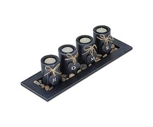 Relaxdays Portavelas con Bandeja y Piedras Decorativas, 39,5 cm Largo, Centro Mesa Salón, Candeleros «Home», Negro