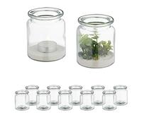 Relaxdays Portavelas Cristal, Set de 12, Interior y Exterior, 9,5 x 8 cm, Porta Velas Redondos, Bodas, Transparente
