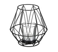 Relaxdays Portavelas Rejilla, Diseño Geométrico, Soporte Velas, Vaso Cristal, Metálico, Decoración Mesa, 14x14 cm, Negro
