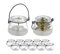 Relaxdays Portavelas, Set 12, Cristal, con Asa, Interior y Exterior, Porta Velas Té, 6,5 x 7,5 cm, Transparente/Negro