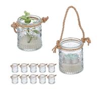 Relaxdays Portavelas, Set 12, Tarro con Asa, Interior y Exterior, 7 x 6 cm, Porta Velas Té Bodas, Transparente/Marrón