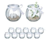 Relaxdays Portavelas, Set de 12, Cristal, Porta Velas Té con Lazo, Interior y Exterior, Decoración Mesa, Transparente