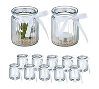 Relaxdays Portavelas, Set de 12, Cristal, Porta Velas Té con Lazo, Interior y Exterior, Decoración Mesa, Transparente