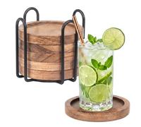 Relaxdays Posavasos 6 Unidades, Ø 10 cm, Madera de Acacia, Natural/Negro | Para vasos, con soporte, borde elevado