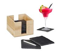 Relaxdays Posavasos de Pizarra, Set de Ocho, Caja de bambú, Tiza para Escribir, Cuadrados, 10x10 cm