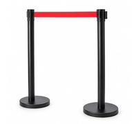 Relaxdays Postes de Delimitación con Cinta Retráctil de 3 m, Negro y Rojo | Set de 2 postes organizadores de colas, acero inoxidable, 90 x 31 cm