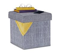 Relaxdays Puff Almacenaje Plegable, Acolchado, Bambú, Tela, 36 x 35 x 35 cm, Otomana de Almacenamiento con Tapa, Gris