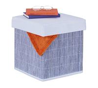 Relaxdays Puff Almacenaje Plegable, Acolchado Suave, 35 x 35 x 35 cm, Taburete Cuadrado, Tela, Bambú, Gris y Blanco