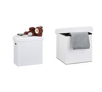 Relaxdays Puff Almacenaje Plegable con Tapa, Poliéster, Blanco, 49,5 x 46 x 25,5 cm & Puff Almacenaje Cuadrado con Tapa, Piel Sintética, Blanco, 38 x 38 x 38 cm