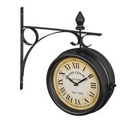 Relaxdays Reloj Pared Doble Esfera, Estilo Estación Tren, Analógico, a Pila, Decoración Vintage, 33x34x10 cm, Negro