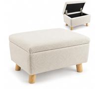 Relaxdays Reposapiés almacenaje, 28 x 40 x 30 cm, Beige | Acolchado, patas de madera, reposapiés cuadrado, para sofá, sillón y más, hasta 100 kg