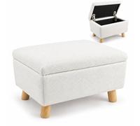 Relaxdays Reposapiés con almacenaje, acolchado, 28 x 40 x 30 cm, blanco | efecto bouclé, patas de madera