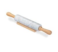 Relaxdays Rodillo Cocina Mármol, Asas de Madera de Haya, Palo Amasar, Rulo Amasador Pesado, Soporte, 48 cm, Blanco