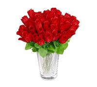 Relaxdays Rosas Artificiales, 48 Unidades, Ramo Flores con Tallo y Hojas, Adorno Floral, Poliéster, 26 cm de Alto, Rojo