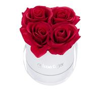 Relaxdays Rosas Artificiales en Caja Blanca Redonda, 4 Unidades, Ramo Decorativo, Flower Box, Cartón-Tela-PP, Rojo