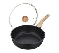 Relaxdays Sartén Antiadherente con Tapa de Vidrio, Ø 28 cm, Aluminio, Inducción, Mango Suave al Tacto, Negro y Natural