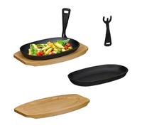 Relaxdays Set de 2 sartenes con soporte de madera marrón claro,negro