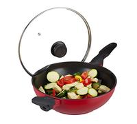 Relaxdays Sartén Wok con Tapa de Cristal 30 cm, Asas, Revestimiento Antiadherente, Inducción, Gas y Eléctrica, 4L, Rojo