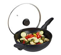 Relaxdays Sartén Wok con Tapa de Cristal 30 cm, Asas, Revestimiento Antiadherente, Inducción, Gas y Eléctrica, 4L, Negro