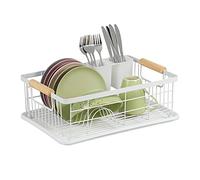 Relaxdays Secaplatos, con Cesto de Cubiertos y Bandeja de Goteo, Escurridor Platos de Plástico, Metal, en Color Blanco