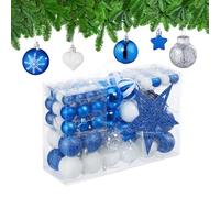 Relaxdays Set 101 Bolas Árbol Navidad, Plástico, Adornos Navideños con Bolitas y Estrella, Decoración, Azul/Blanco