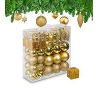 Relaxdays Set 110 Bolas Árbol Navidad, Decoración Navideña Plástico, Adornos Colgantes, Espumillones, Dorado