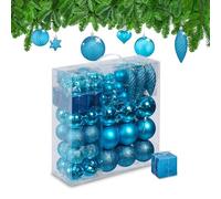 Relaxdays Set 110 Bolas Árbol Navidad, Decoración Navideña Plástico, Adornos Colgantes, Espumillones, Petróleo