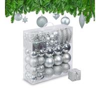 Relaxdays Set 110 Bolas Árbol Navidad, Decoración Navideña Plástico, Adornos Colgantes, Espumillones, Plateado