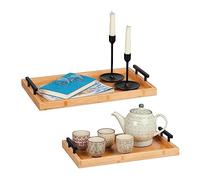 Relaxdays Set 2 Bandejas de Bambú Rectangulares, con Asas, Borde Alto, Cocina, Desayuno, 7x50x30cm y 7x43x26cm, Natural