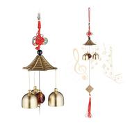 Relaxdays Set 2 Carillones Viento, Juego Campanas Metal Jardín, Interior y Exterior, Colgante, Feng Shui, Dorado/Rojo