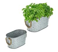 Relaxdays Set 2 Macetas, Maceteros Aspecto Martillado, Plateado | Jardineras Decorativas Hierro 2 Tamaños, Asas de Jute