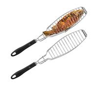 Relaxdays Set 2 Parrillas Pescado, Acero Inoxidable, Mango Goma, 58,5 cm Largo, Parrillera BBQ, Brasas Espetos, Plateado