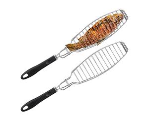 Relaxdays Set 2 Parrillas Pescado, Acero Inoxidable, Mango Goma, 58,5 cm Largo, Parrillera BBQ, Brasas Espetos, Plateado