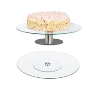 Relaxdays Set 2 Platos Giratorios Tartas, Soporte Pie Pastel, Expositor Plano Cupcakes Cristal, Redondos, Transparente