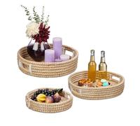 Relaxdays Set 3 Bandejas para Servir, con Asas, Platos Tejidos de Zostera, Borde Elevado, Desayuno, Redondas, Natural