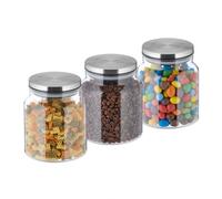 Relaxdays Set 3 botes de cristal con tapa 1100 ml plata,transparente