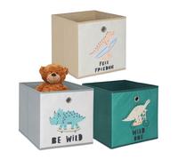 Relaxdays Set 3 cajas de almacenamiento infantil beige,verde,gris
