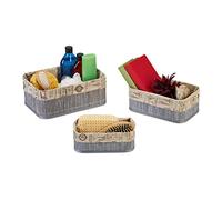 Relaxdays Set 3 Cestas de Almacenaje, Cajas Organizadoras Bambú, Cajitas Baño o Pañuelos, Funda de Tela, Gris y Beige