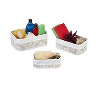 Relaxdays Set 3 Cestas de Almacenaje, Cajas Organizadoras Bambú, Cajitas Baño o Pañuelos, Funda de Tela, Blanco y Gris