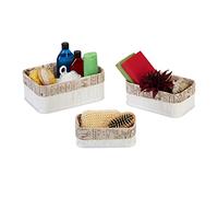 Relaxdays Set 3 Cestas de Almacenaje, Cajas Organizadoras Bambú, Cajitas Baño o Pañuelos, Funda de Tela, Blanco y Beige