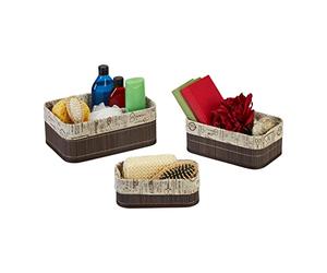 Relaxdays Set 3 Cestas de Almacenaje, Cajas Organizadoras Bambú, Cajitas Baño o Pañuelos, Funda de Tela, Marrón y Beige