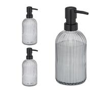 Relaxdays Set 3 Dispensadores Jabón Vidrio, Jaboneras 400 ml, Rellenables, Baño, Cocina, Botellas Dosificadoras, Negro