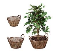 Relaxdays Set 3 Macetas, con Corteza, para Flores y Hierbas, Cesta Plantas con Forro, 3 Tamaños, Cestos Madera, Natural