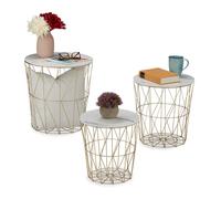 Relaxdays Set 3 mesas auxiliares con cesta dorada blanco,oro