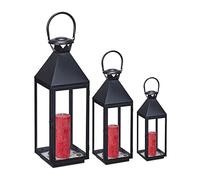 Relaxdays Set 3 Portavelas, Farol Decorativo para Interior y Exterior, 3 Tamaños, Metal, Cristal, Farolillo Vela, Negro