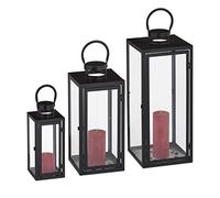 Relaxdays Set 3 Portavelas, Farol Decorativo para Interior y Exterior, 3 Tamaños, Metal, Cristal, Farolillo Vela, Negro