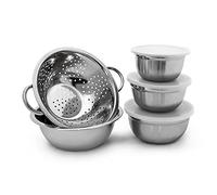 Relaxdays Set 3 Recipientes Cocina con Tapa, 1 Ensaladera, 1 Colador, Acero Inoxidable, Apilables, 0,8 Kg, Plateado
