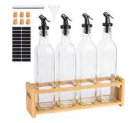 Relaxdays Set 4 botellas aceite con estante bambú marrón claro,negro,transparente